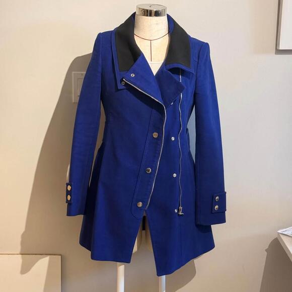 Karen Millen Blue 100% Cotton Trench Coat Asymmetrical Zipper Jacket Women's 6 - Picture 2 of 8